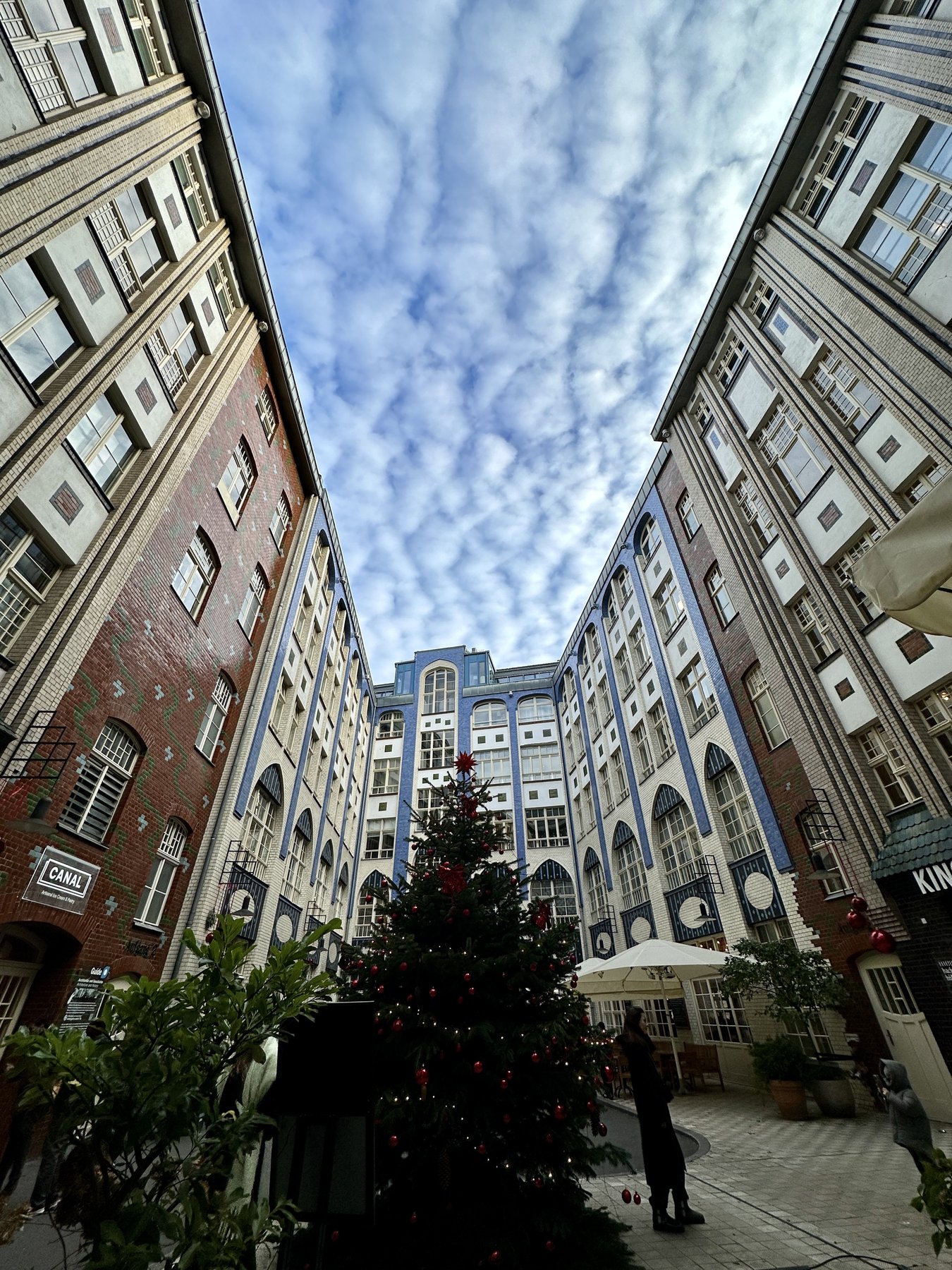 Looking straight up through the ornate tile-covered courtyards of Hackesche Höfe in Berlin, Christmas tree below