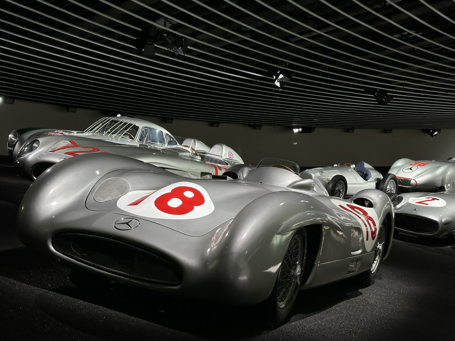 Vintage Mercedes-Benz W196 racing cars on display in the Mercedes-Benz Museum, Stuttgart